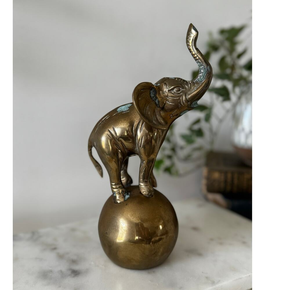 Vintage Brass Elephant on Ball Statue Mid Century Safari Decor